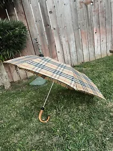 Vintage Burberry Pieghevole ☔️Ombrello Nova Check Manico in Legno 38" - Foto 1 di 17