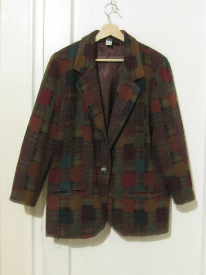 90s Vtg Casablanca Brown Multi-color Plaid Jacket Wool Blend L/S Women's Sz 10 - Image 1 of 4
