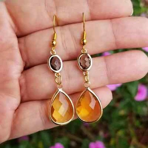 14k Gold Citrine & Smoky Quartz Earrings, Australian Crystal Citrine Earrings - Picture 1 of 5
