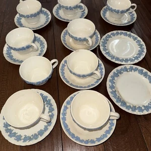 Wedgwood Embossed Queensware Cup, Saucer, Dessert Lavender/Blue Shell Edge 19 Pc - Picture 1 of 13