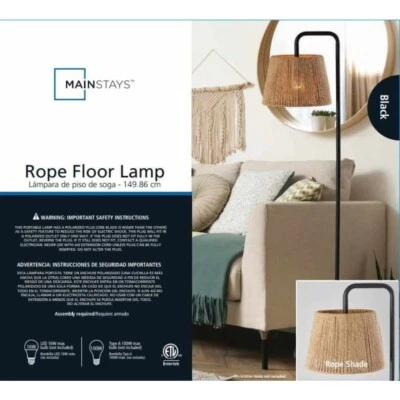 Black Metal Floor Lamp with Rope Shade, Transitional Styling, New Fast Delivery - Image 1 of 4