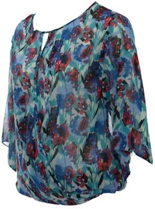 Top donna nuovo incrociato finto avvolgente davanti blu rosso stampa manica 3/4 collo buco della serratura - Foto 1 di 4