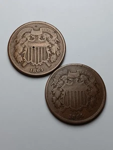 1864 US Two Cent Pieces, First Year Issue (Lot Of 2, F Condition) - Picture 1 of 6