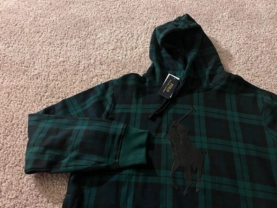 Polo Ralph Lauren leather big pony black watch plaid hoodie hooded sweatshirt XL - Image 1 of 4