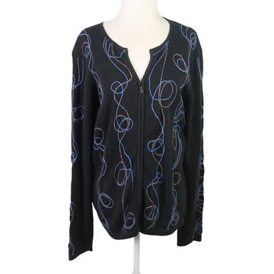 Foxcroft black and blue embroidered swirl pattern zip front cardigan sweater M - Image 1 of 4