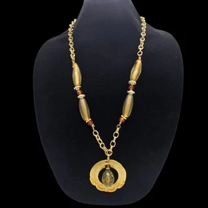 Bohemian Gold-Tone Statement Necklace 30” w/ Crackled Green Glass Bead Pendant 2 - Picture 1 of 24