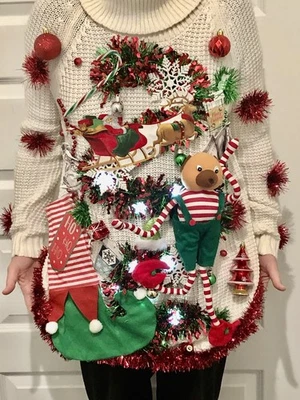 Ugly Vintage Christmas Sweater Contest Tacky Lights Fully Decorated - Image 1 of 4