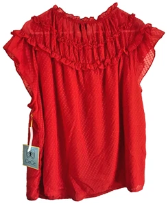 Cece Swiss Dot Blouse, Red Short flutter sleeve Top, XXL, Shirt, high Yoke Neck - Picture 1 of 6