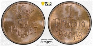 1937 Danzig 1 Pfennig PCGS MS65RB Lot#G1253 Gem BU! - Bild 1 von 4