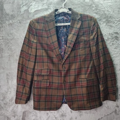 Tallia Men’s 46R Wool Blend Plaid Blazer Jacket Brown Red Green Check Paisley - Image 1 of 4