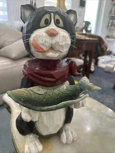Grande testa di bobble bianca e nera gatto in resina 15" arte popolare.Look intagliato a mano🐈⬛Lover - Foto 1 di 10