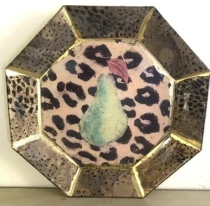 Gorgeous Decorative Decoupage Glass Plate Green Pear with Animal Print Derian? - Picture 1 of 4