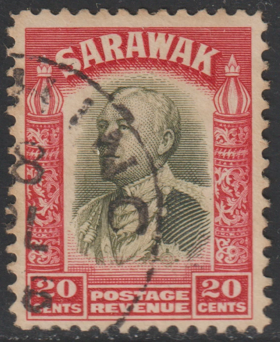 (SK110)SARAWAK 1934 C.V. BROOKE WILKINSON 20c OLIVE-GREEN & CARMINE USED. - Image 1 of 2