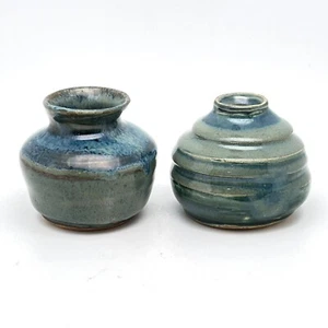 Studio Art Pottery Bud Vases By CM Stamped BlueGreen Drip Glaze Ceramic Set Of 2 - Picture 1 of 13