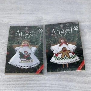 Lot of 2 Counted Cross Stitch Clothespin ANGELS Santa’s Sleigh & Gingerbread Man - Picture 1 of 5