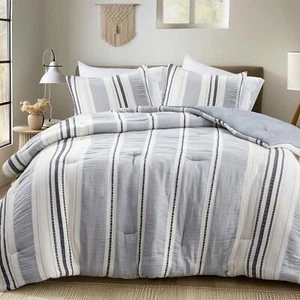 Hyde Lane Modern Farmhouse Comforter Set – King Size, 3-Piece Indigo Blue Str... - Picture 1 of 7