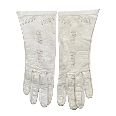 Vintage 1940’s White Kid Leather Gloves Aris Germany Size 6.5 Appliqué Wedding - Image 1 of 4
