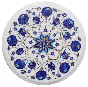 12 " Rund Weißer Marmor Coffee Table Lapis Stein Pietra Dura Handgefertigt Kunst - Picture 1 of 8
