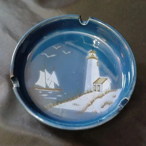 Vintage Sailboat Lighthouse Nautical Ceramic Ashtray  Blue White Beach House - Picture 1 of 6
