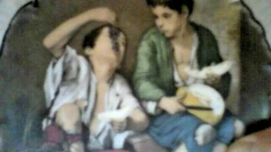 " RITA RAUCHWERGER " 1972 / 2 YOUNG BOYS EATING FRUIT / 6.25" / MINT / RARE - Picture 1 of 12