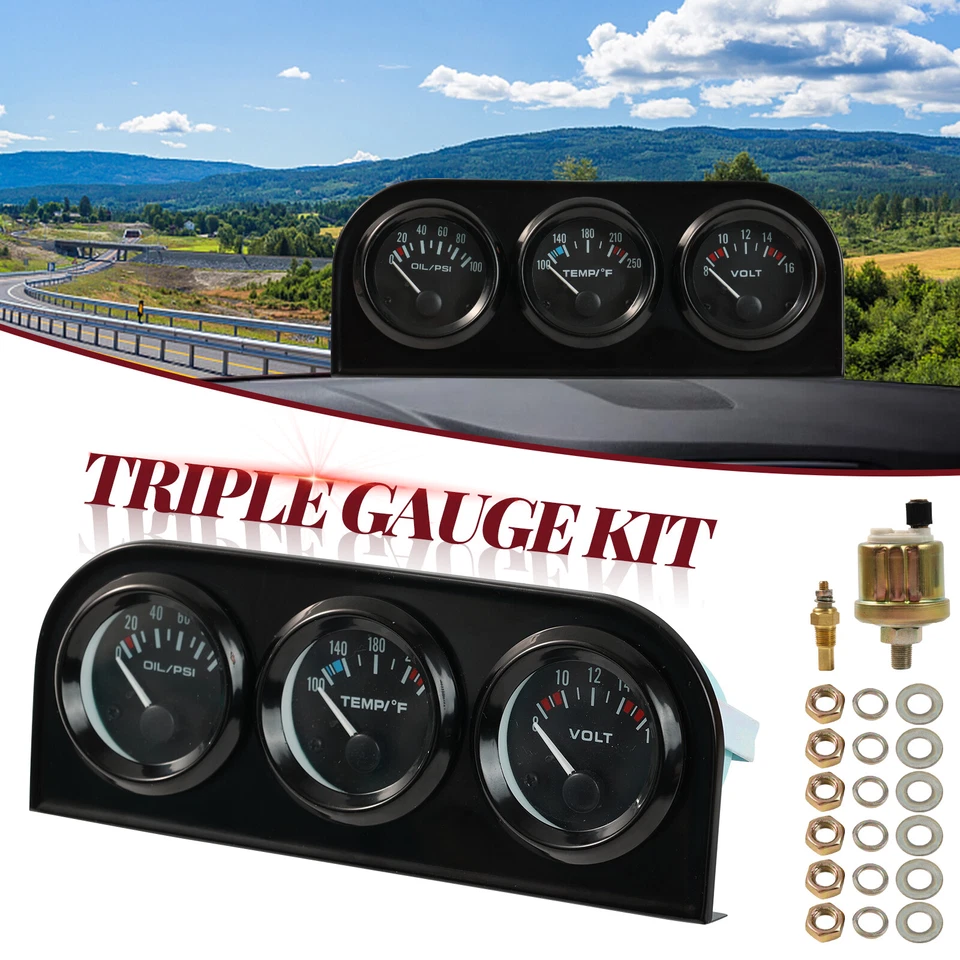 3in1 52mm 2" Chrome Car Triple Gauge Set Kit Water Temp Oil Pressure Volt Meter - Image 1 of 4