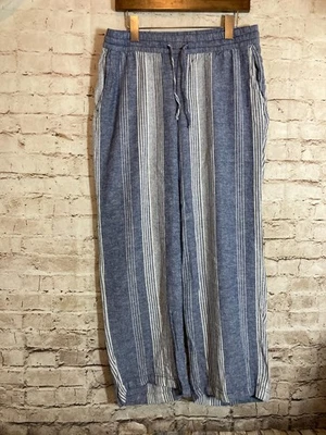Old Navy Linen Pants Womens Medium Wide Leg Blue White Striped Beachy Drawstring - Image 1 of 4