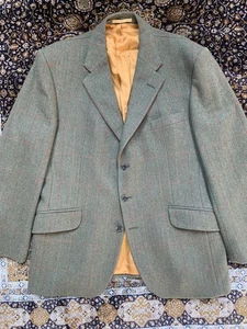 Vtg Herringbone Tweed Hacking Jacket Supasax Bladen Green Windowpane 42S - Picture 1 of 21