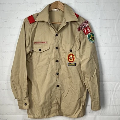 VTG Boy Scouts of America BSA Shirt Tan Patches Long Sleeve Mens Small Uniform - Image 1 of 4