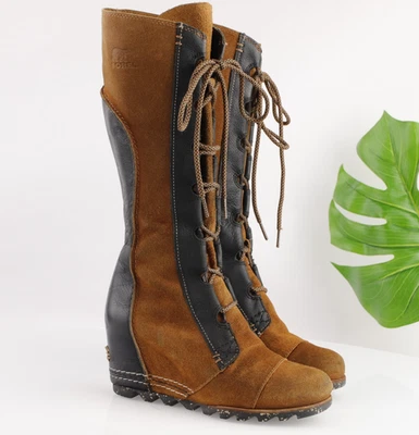 Bota Sorel para mujer Cate the Great talla 7,5 alta negra camel tacón de cuña con cordones Foto 1 de 4