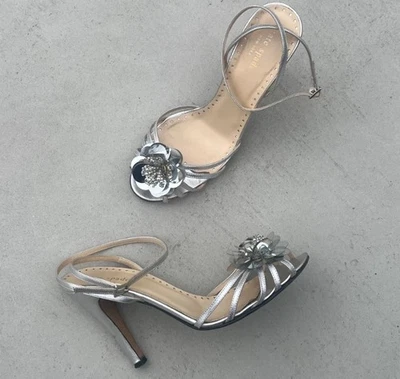 Kate Spade | Metallic Silver 3D Flower Detail Sandals Ankle Strap Stiletto (39) - Image 1 of 4