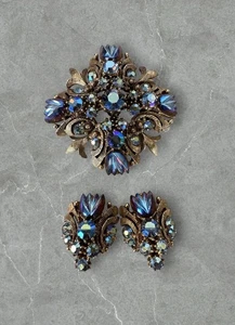 Vtg Florenza Gilt Maltese Cross Blue Borealis Brooch & Earrings Set Signed - Picture 1 of 23