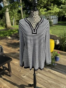 Camicia Lands' End donna L (14-16) blu navy a righe bianche e nere manica lunga - Foto 1 di 11
