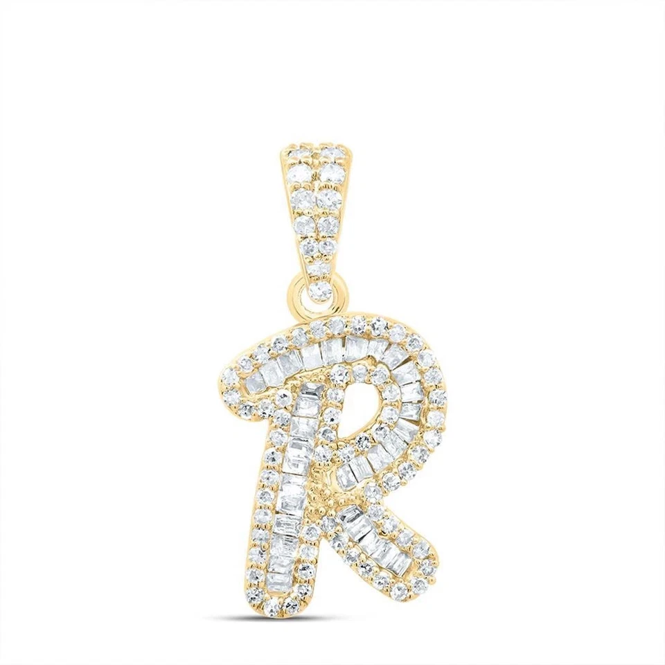Colgante de oro amarillo de 10 quilates con diamantes para mujer con escritura fuente inicial R 1/3 quilates Foto 1 de 1