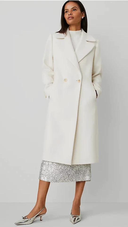 NUEVO ABRIGO LARGO ANN TAYLOR INVIERNO BLANCO MEZCLA LANA DOBLE BOTONADURA TALLA S Foto 1 de 4