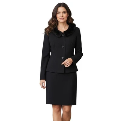 Винтажный MT Studio черный 100% шерсти костюм/юбка комплект w/съемный воротник из искусственного меха, 6P - Изображение 1 из 4