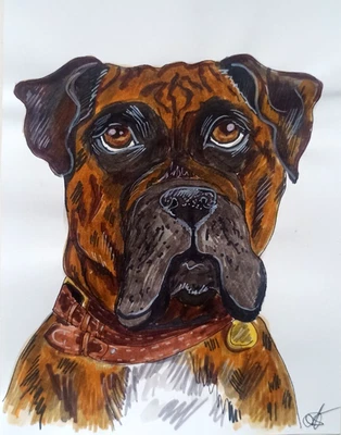 Pintura Original Animal Boxer Perro Arte Pintado a Mano 8x5.5"" Retrato Foto 1 de 4