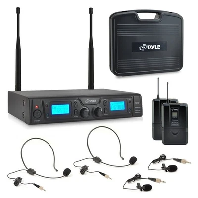 Pyle 2 Channel UHF Wireless Microphone System Lavalier/Lapel Headsets PDWM3365 - Image 1 of 4
