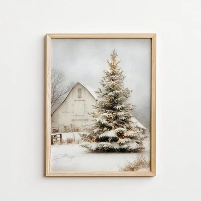 Arte de pared de árbol de Navidad y granero, impresión de decoración de vacaciones de casa de campo Foto 1 de 3