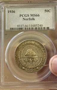 1936 PCGS MS66 Norfolk Classic Silver Commemorative Half Dollar-Price Guide $450 - Picture 1 of 3