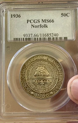 1936 PCGS MS66 Norfolk Classic Silver Commemorative Half Dollar-Price Guide $450 - Image 1 of 3