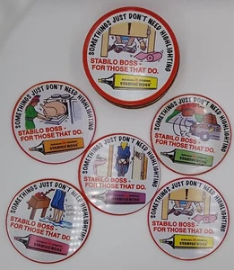Stabilo Boss Cork Backed Coasters x 5 In Tin Advertising Collectable - Picture 1 of 2