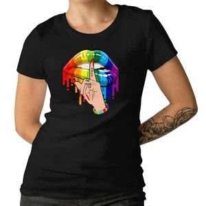 Shut The F***k Up Ladies T-shirt Dripping Rainbow Lips Hand Gay Pride LGBT Top - Picture 1 of 14