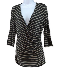 Top tunica donna Ann Taylor manica grande 3/4 a righe geometriche incrociate davanti - Foto 1 di 7