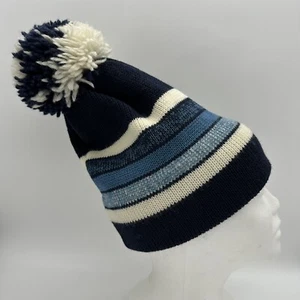 Vintage Smiley Beanie Winter Hat Snow Ski Wool Knit Blue Made In USA Pom Pom - Picture 1 of 14