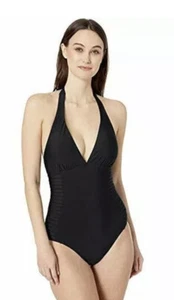 Calvin Klein Side-Pleated Halter One-Piece Swimsuit Women's Black Size 10 NWT - Picture 1 of 12
