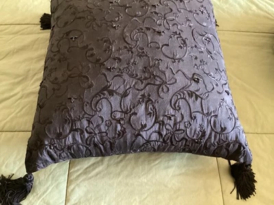 New Waterford Black Silk Throw Pillow with black bead work and Tassels - Image 1 of 4