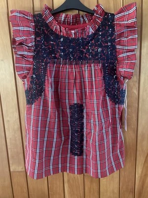 Nueva Blusa Top J Marie Rayna M Roja Escocesa Volantes Cuello Bordado Foto 1 de 4