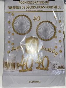 Happy 40 Th Birthday Party Room Piece Decorating Kit Gold & White New - Picture 1 of 4