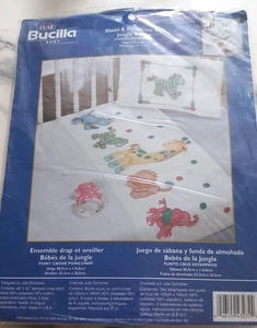 New Plaid Bucilla Cross Stitch Kit JUNGLE BABIES Sheet & Pillowcase Set - Picture 1 of 3