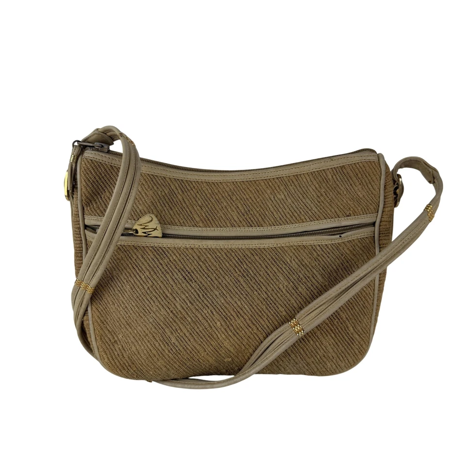 Bolsa tiracolo feminina vintage Morris Moskowitz ombro tecido bronzeado anos 80 - Imagem 1 de 4